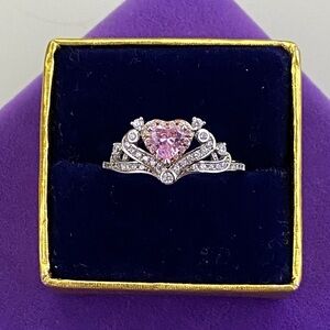 💛 Sterling Silver Pink Heart Halo Ring | Romantic Pavé Crown Setting